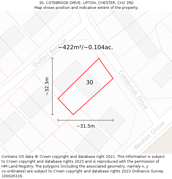 30, COTEBROOK DRIVE, UPTON, CHESTER, CH2 1RD: Plot and title map
