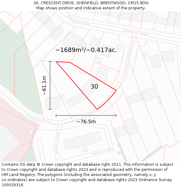 30, CRESCENT DRIVE, SHENFIELD, BRENTWOOD, CM15 8DN: Plot and title map