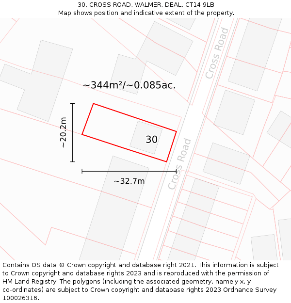 30, CROSS ROAD, WALMER, DEAL, CT14 9LB: Plot and title map