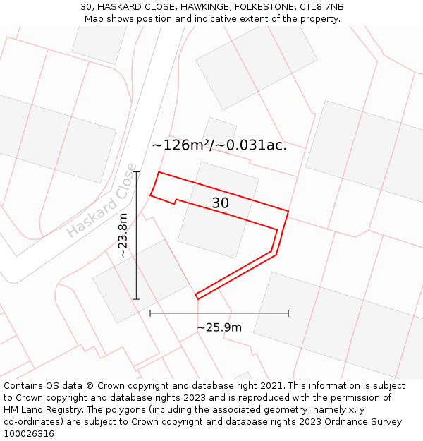 30, HASKARD CLOSE, HAWKINGE, FOLKESTONE, CT18 7NB: Plot and title map