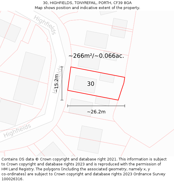 30, HIGHFIELDS, TONYREFAIL, PORTH, CF39 8GA: Plot and title map