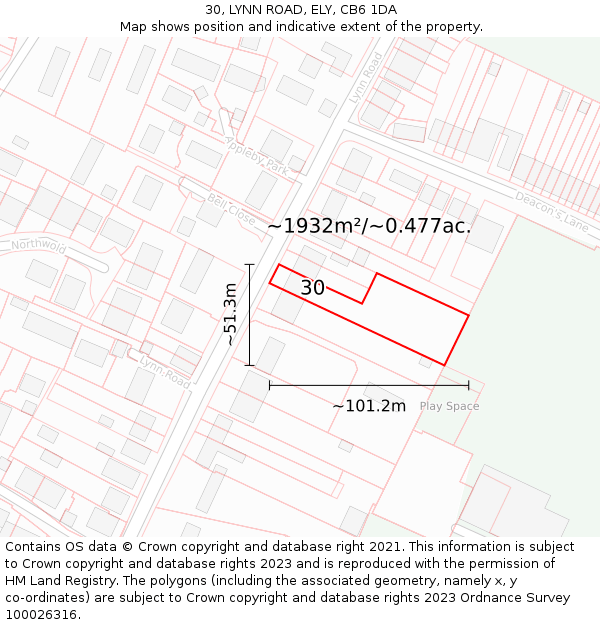 30, LYNN ROAD, ELY, CB6 1DA: Plot and title map