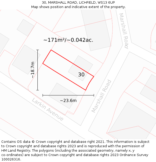 30, MARSHALL ROAD, LICHFIELD, WS13 6UP: Plot and title map