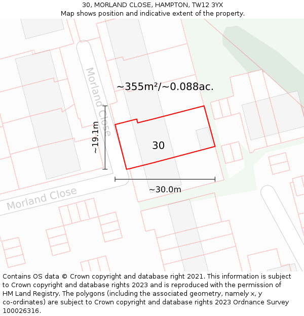 30, MORLAND CLOSE, HAMPTON, TW12 3YX: Plot and title map