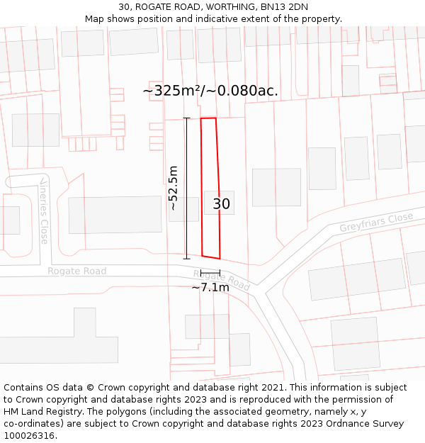 30, ROGATE ROAD, WORTHING, BN13 2DN: Plot and title map