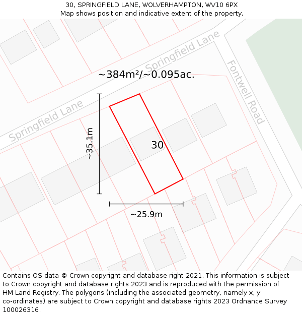 30, SPRINGFIELD LANE, WOLVERHAMPTON, WV10 6PX: Plot and title map