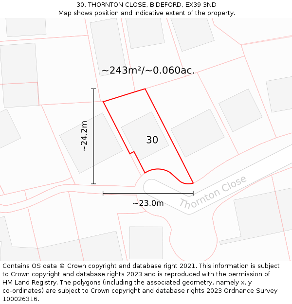 30, THORNTON CLOSE, BIDEFORD, EX39 3ND: Plot and title map