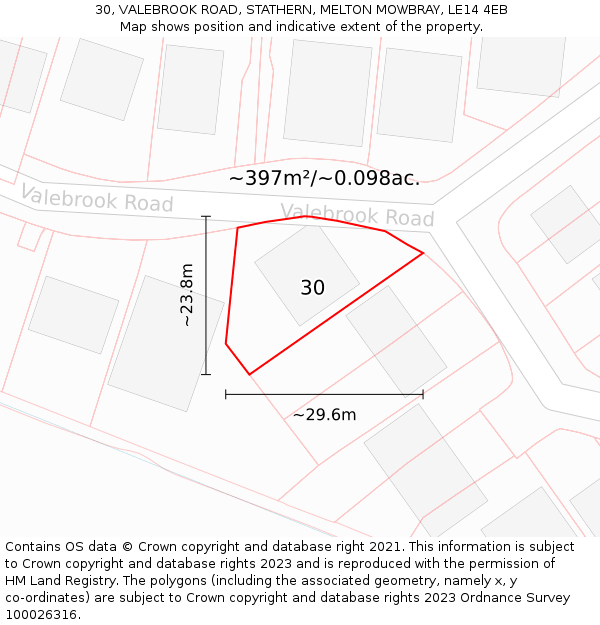 30, VALEBROOK ROAD, STATHERN, MELTON MOWBRAY, LE14 4EB: Plot and title map