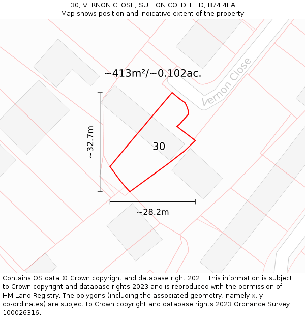 30, VERNON CLOSE, SUTTON COLDFIELD, B74 4EA: Plot and title map