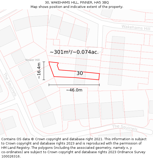30, WAKEHAMS HILL, PINNER, HA5 3BQ: Plot and title map