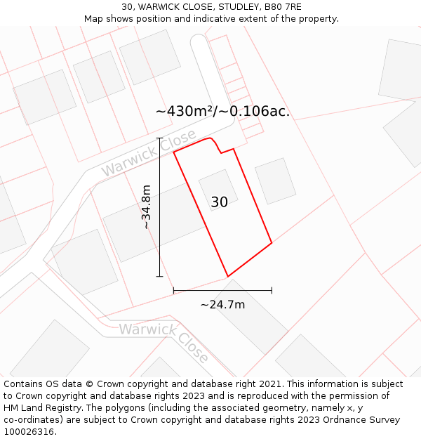 30, WARWICK CLOSE, STUDLEY, B80 7RE: Plot and title map