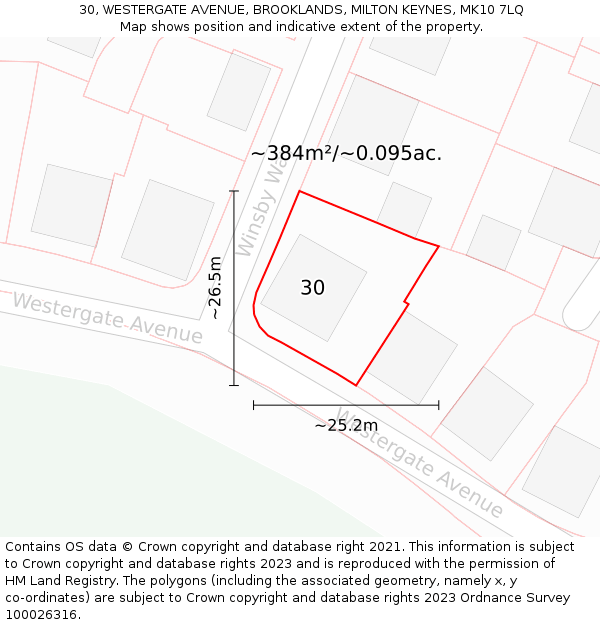 30, WESTERGATE AVENUE, BROOKLANDS, MILTON KEYNES, MK10 7LQ: Plot and title map