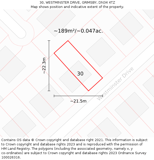 30, WESTMINSTER DRIVE, GRIMSBY, DN34 4TZ: Plot and title map