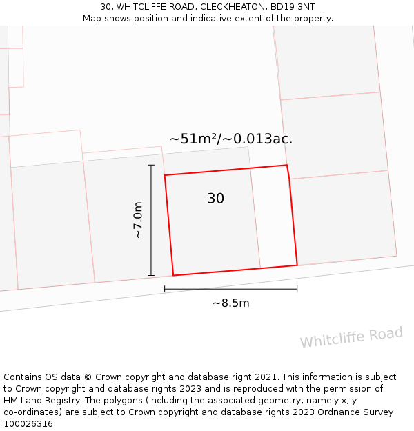30, WHITCLIFFE ROAD, CLECKHEATON, BD19 3NT: Plot and title map
