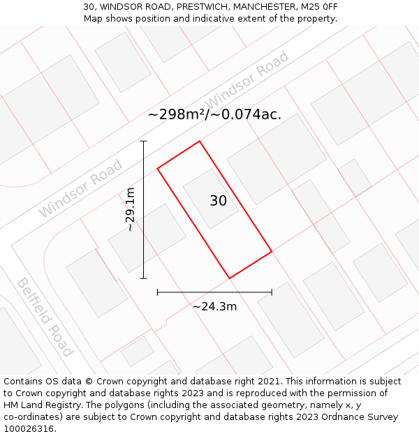30, WINDSOR ROAD, PRESTWICH, MANCHESTER, M25 0FF: Plot and title map