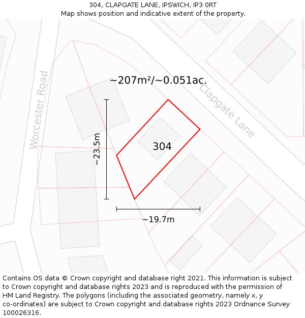 304, CLAPGATE LANE, IPSWICH, IP3 0RT: Plot and title map