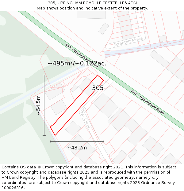 305, UPPINGHAM ROAD, LEICESTER, LE5 4DN: Plot and title map