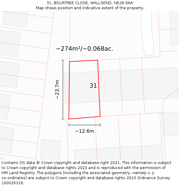 31, BOURTREE CLOSE, WALLSEND, NE28 9AA: Plot and title map