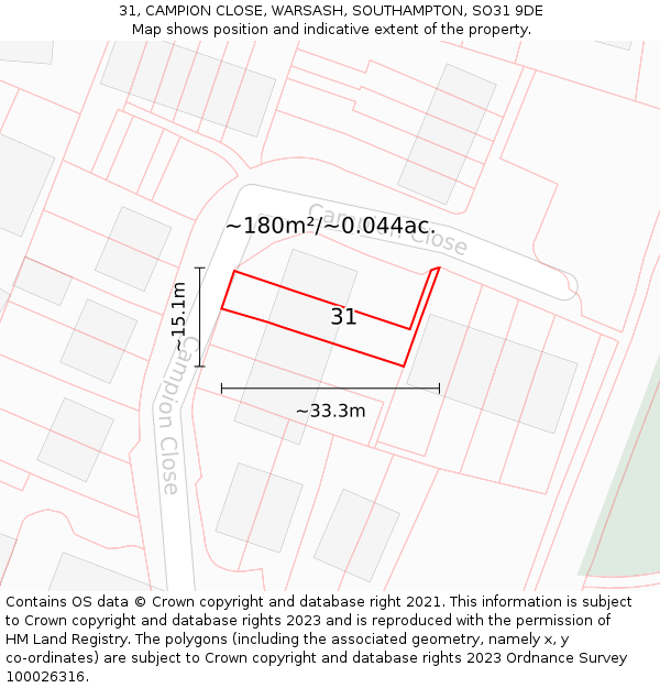 31, CAMPION CLOSE, WARSASH, SOUTHAMPTON, SO31 9DE: Plot and title map