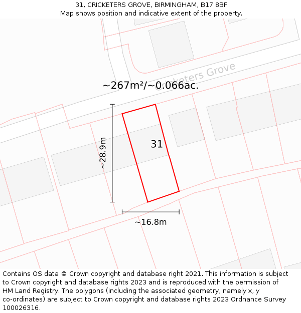 31, CRICKETERS GROVE, BIRMINGHAM, B17 8BF: Plot and title map