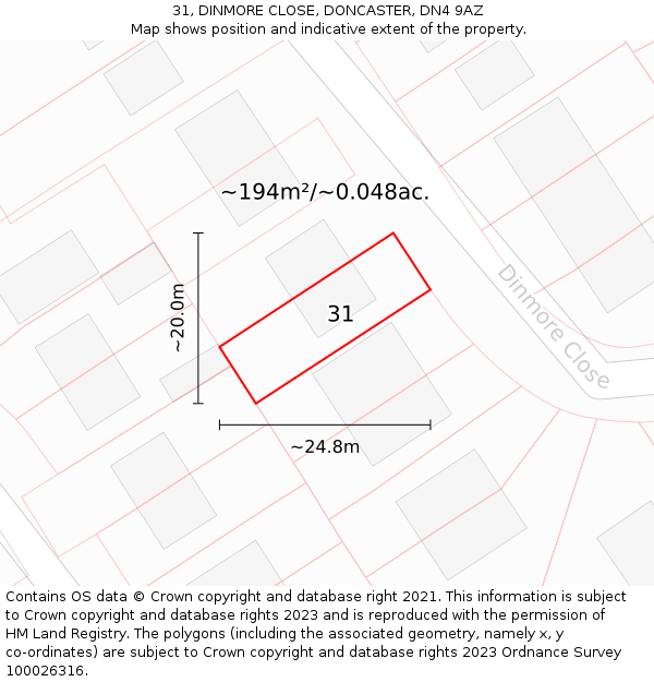 31, DINMORE CLOSE, DONCASTER, DN4 9AZ: Plot and title map