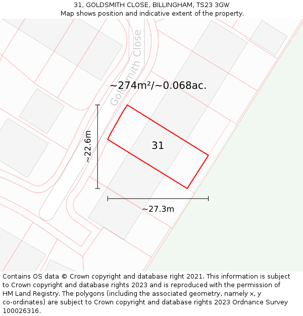 31, GOLDSMITH CLOSE, BILLINGHAM, TS23 3GW: Plot and title map