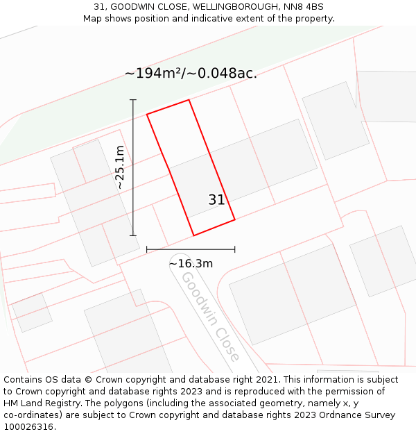 31, GOODWIN CLOSE, WELLINGBOROUGH, NN8 4BS: Plot and title map