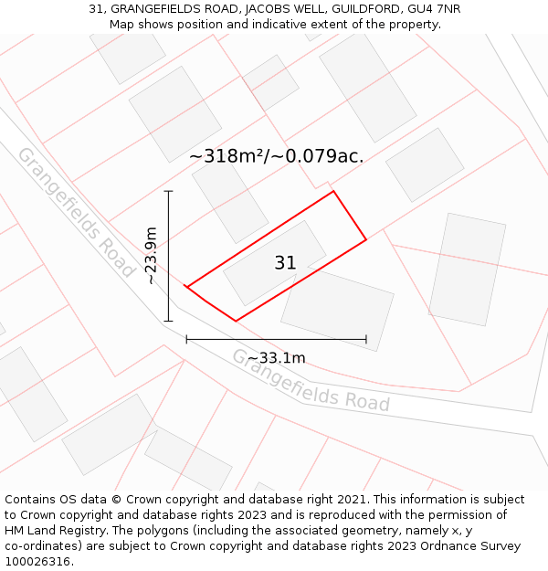 31, GRANGEFIELDS ROAD, JACOBS WELL, GUILDFORD, GU4 7NR: Plot and title map