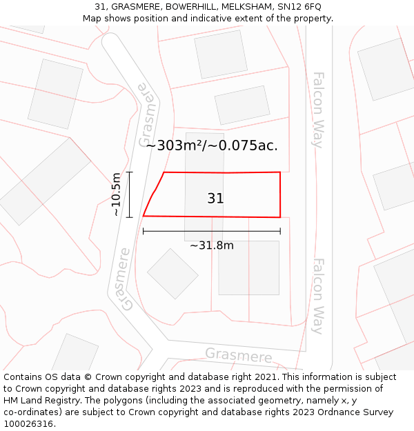 31, GRASMERE, BOWERHILL, MELKSHAM, SN12 6FQ: Plot and title map