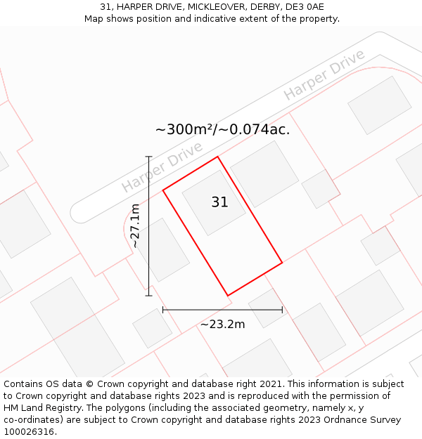 31, HARPER DRIVE, MICKLEOVER, DERBY, DE3 0AE: Plot and title map