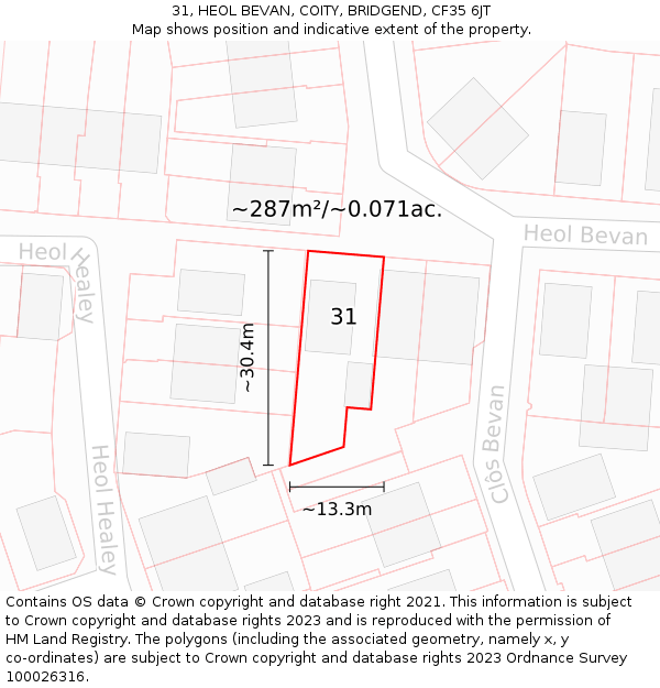 31, HEOL BEVAN, COITY, BRIDGEND, CF35 6JT: Plot and title map
