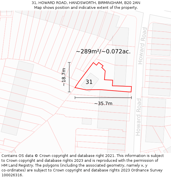 31, HOWARD ROAD, HANDSWORTH, BIRMINGHAM, B20 2AN: Plot and title map
