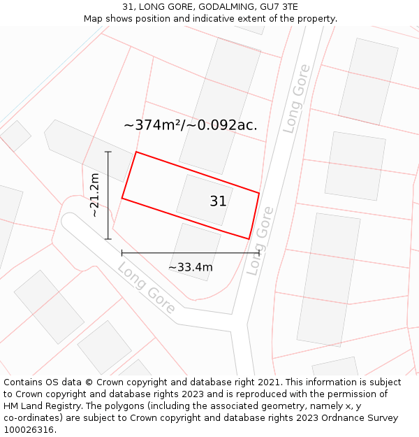 31, LONG GORE, GODALMING, GU7 3TE: Plot and title map