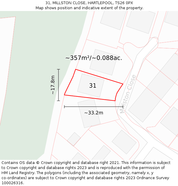 31, MILLSTON CLOSE, HARTLEPOOL, TS26 0PX: Plot and title map