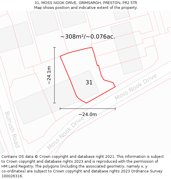 31, MOSS NOOK DRIVE, GRIMSARGH, PRESTON, PR2 5TR: Plot and title map