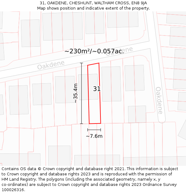 31, OAKDENE, CHESHUNT, WALTHAM CROSS, EN8 9JA: Plot and title map