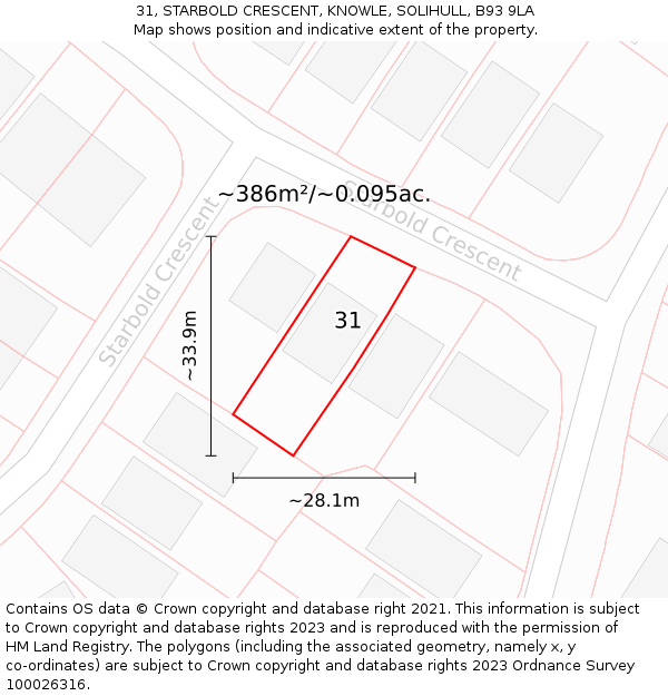 31, STARBOLD CRESCENT, KNOWLE, SOLIHULL, B93 9LA: Plot and title map