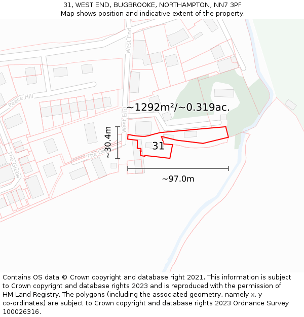31, WEST END, BUGBROOKE, NORTHAMPTON, NN7 3PF: Plot and title map