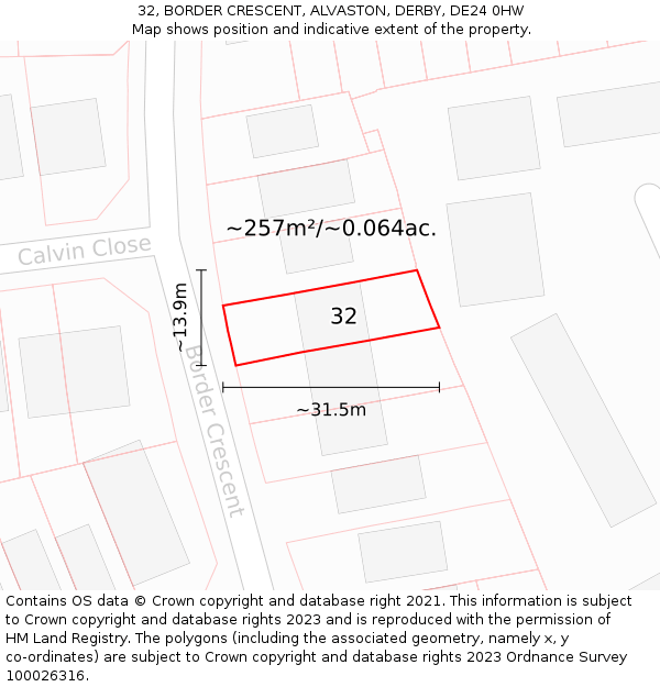 32, BORDER CRESCENT, ALVASTON, DERBY, DE24 0HW: Plot and title map