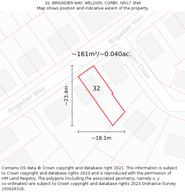 32, BRIGADIER WAY, WELDON, CORBY, NN17 3NA: Plot and title map