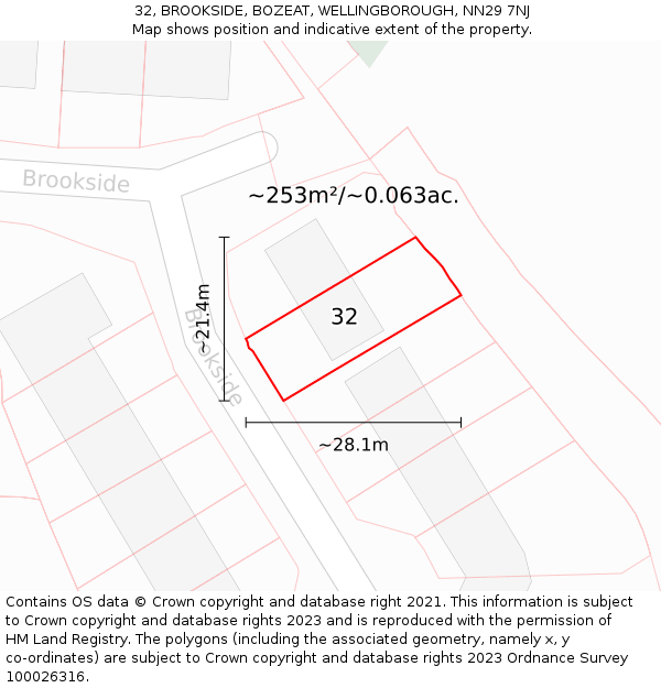 32, BROOKSIDE, BOZEAT, WELLINGBOROUGH, NN29 7NJ: Plot and title map
