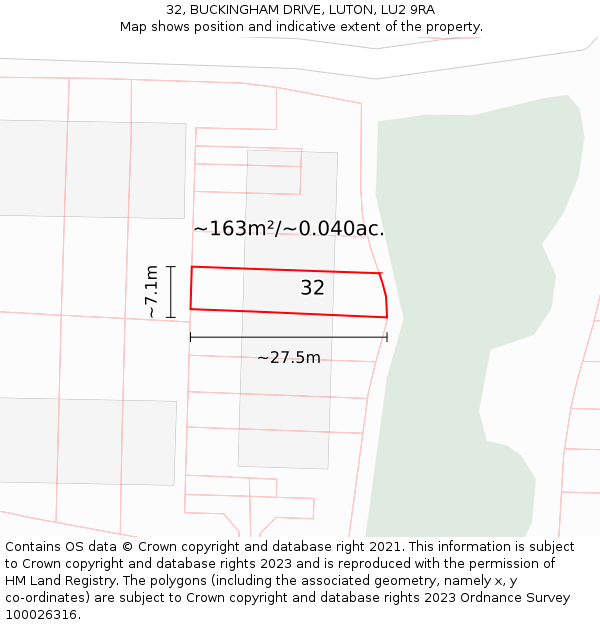 32, BUCKINGHAM DRIVE, LUTON, LU2 9RA: Plot and title map