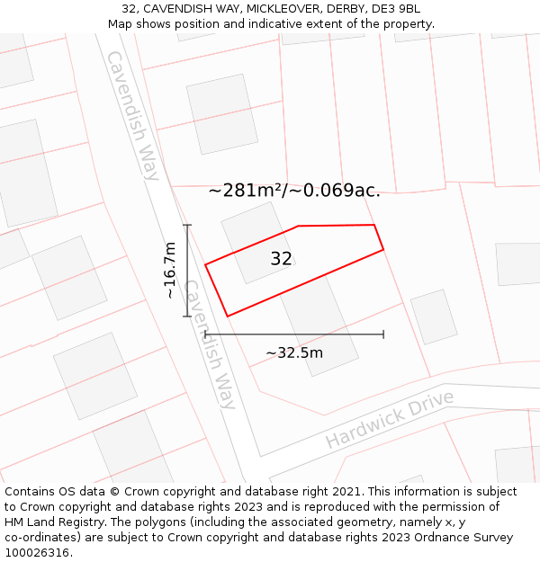 32, CAVENDISH WAY, MICKLEOVER, DERBY, DE3 9BL: Plot and title map