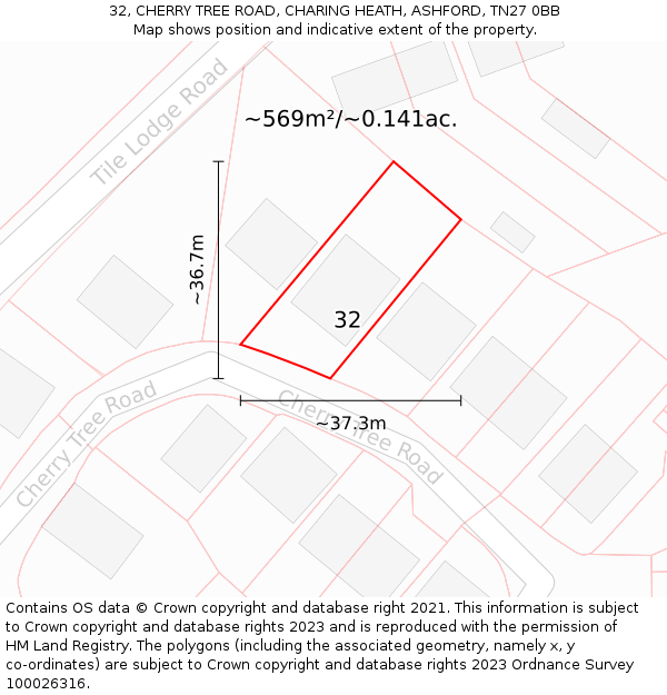 32, CHERRY TREE ROAD, CHARING HEATH, ASHFORD, TN27 0BB: Plot and title map