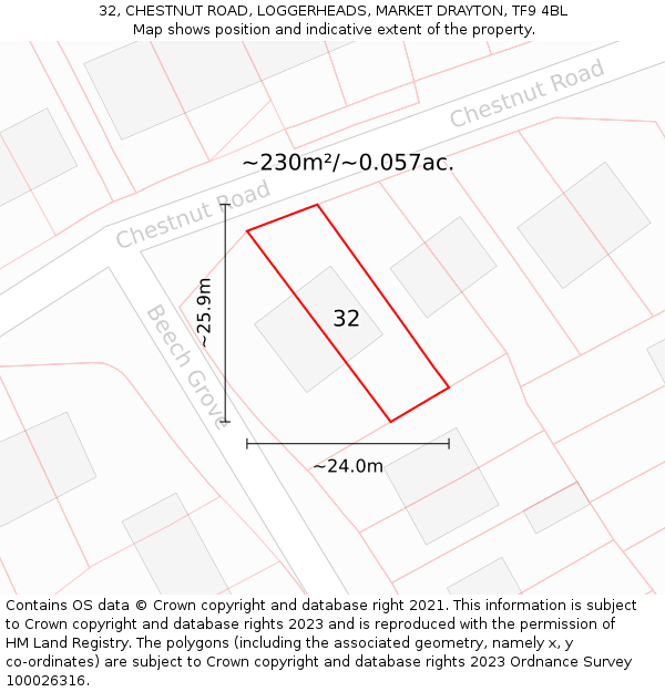 32, CHESTNUT ROAD, LOGGERHEADS, MARKET DRAYTON, TF9 4BL: Plot and title map