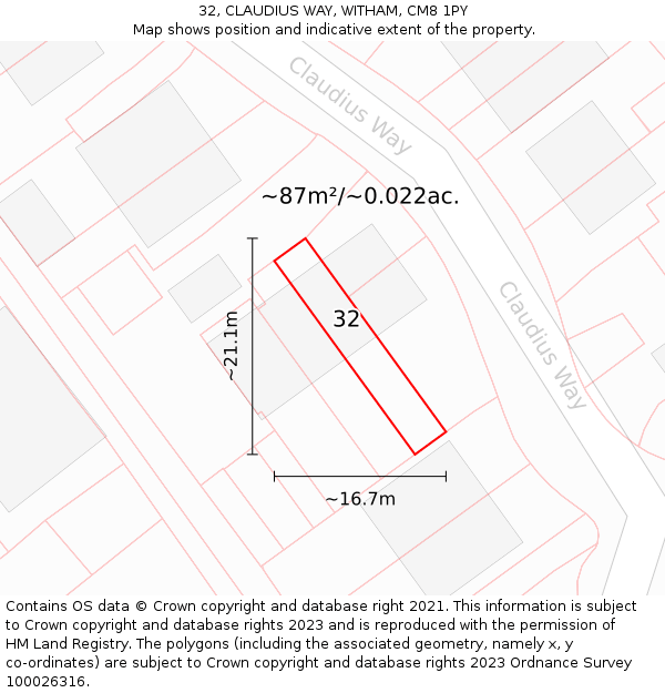 32, CLAUDIUS WAY, WITHAM, CM8 1PY: Plot and title map