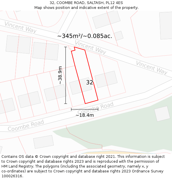 32, COOMBE ROAD, SALTASH, PL12 4ES: Plot and title map