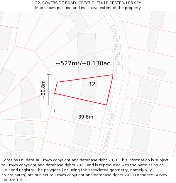 32, COVERSIDE ROAD, GREAT GLEN, LEICESTER, LE8 9EA: Plot and title map