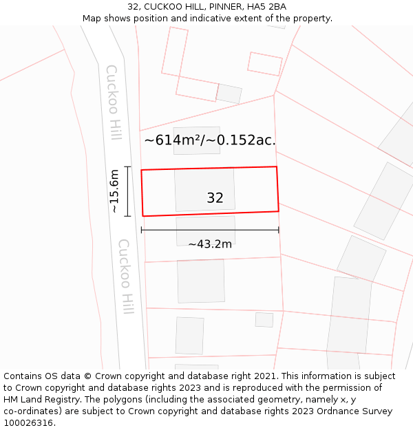 32, CUCKOO HILL, PINNER, HA5 2BA: Plot and title map