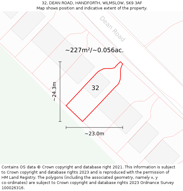 32, DEAN ROAD, HANDFORTH, WILMSLOW, SK9 3AF: Plot and title map